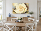 Cream Rose Bloom floral canvas print on the wall of a Hamptons dining room