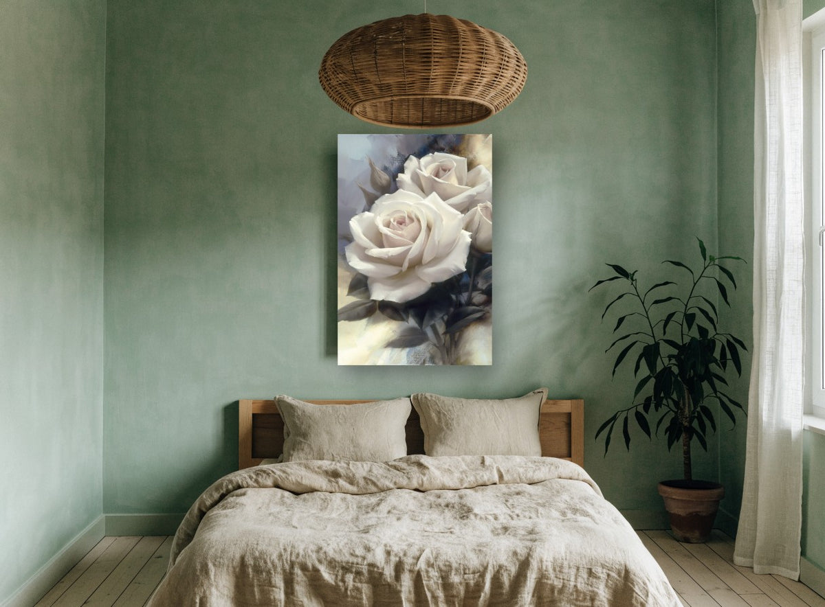 Ivory Rose Trio floral canvas print on the wall of a bedroom