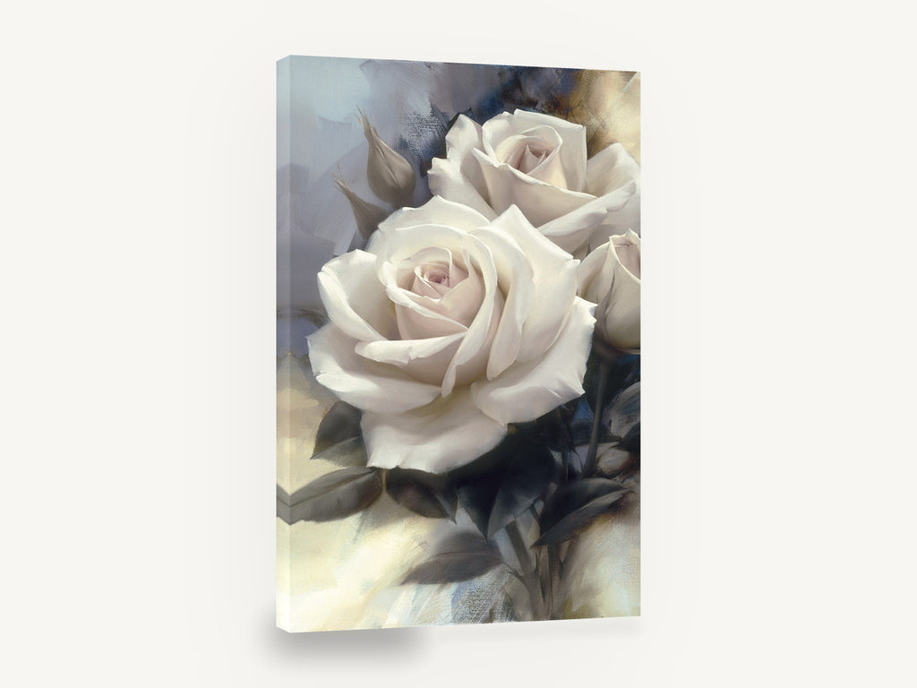 Ivory Rose Trio, white rose floral painting style, floral canvas wall art print ready to hang