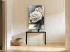 Ivory Rose Trio floral canvas print on the wall of a hallway