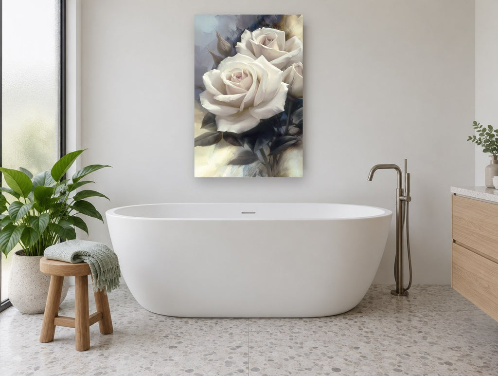 Ivory Rose Trio floral canvas print on the wall of a bathroom