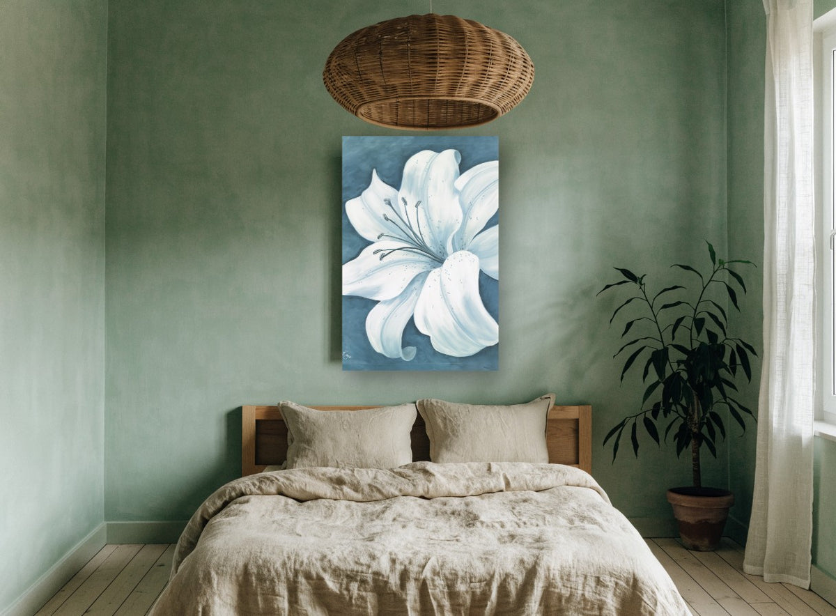 Pale Lily on Teal floral canvas print on the wall of a bedroom
