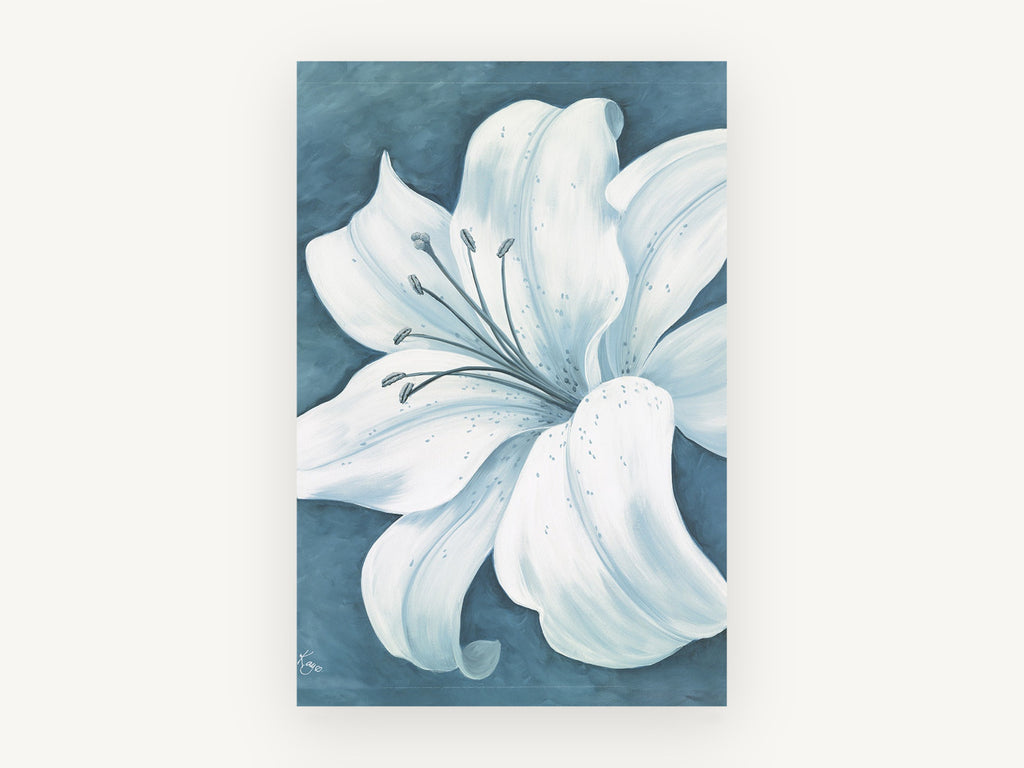 Pale Lily on Teal, floral canvas wall art print, front view
