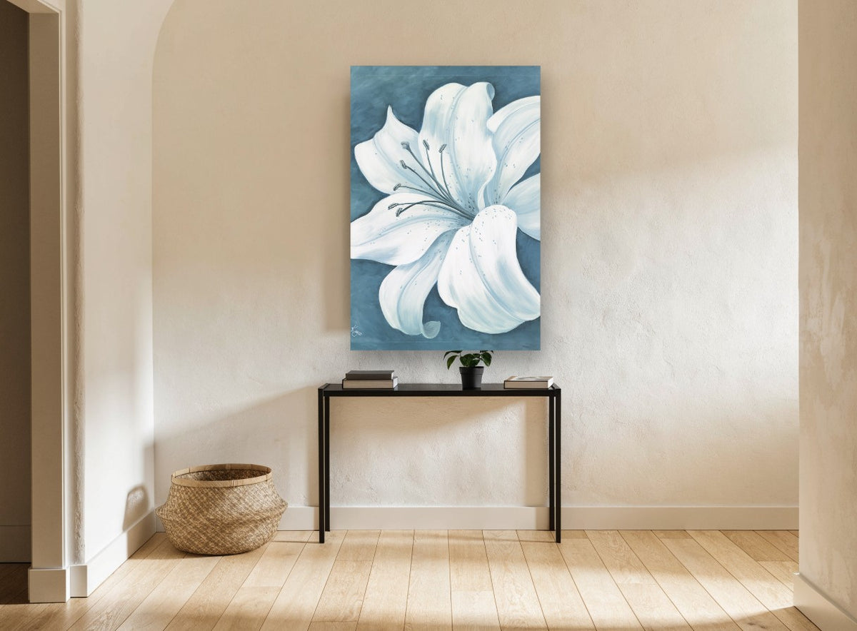 Pale Lily on Teal floral canvas print on the wall of a hallway