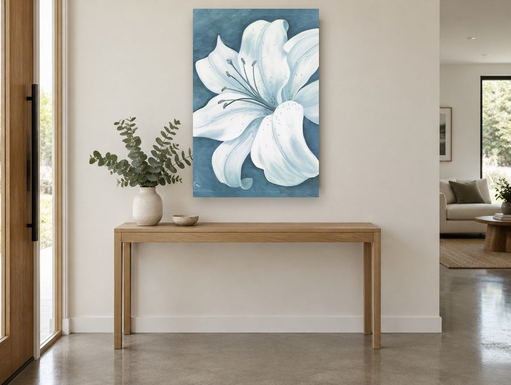 Pale Lily on Teal floral canvas print on the wall of a entry hall