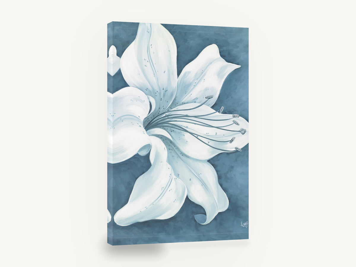 Pale Lily on Slate, white lily slate blue floral painting, floral canvas wall art print ready to hang