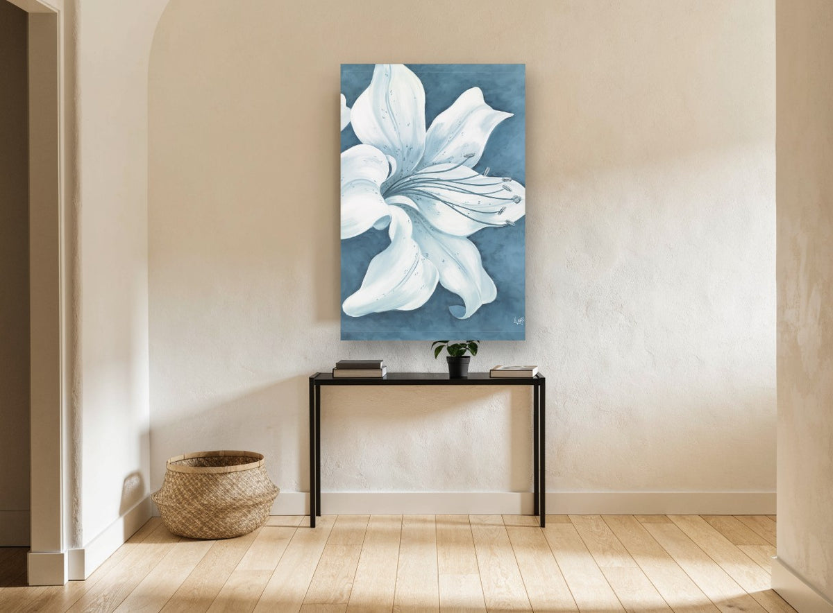 Pale Lily on Slate floral canvas print on the wall of a hallway