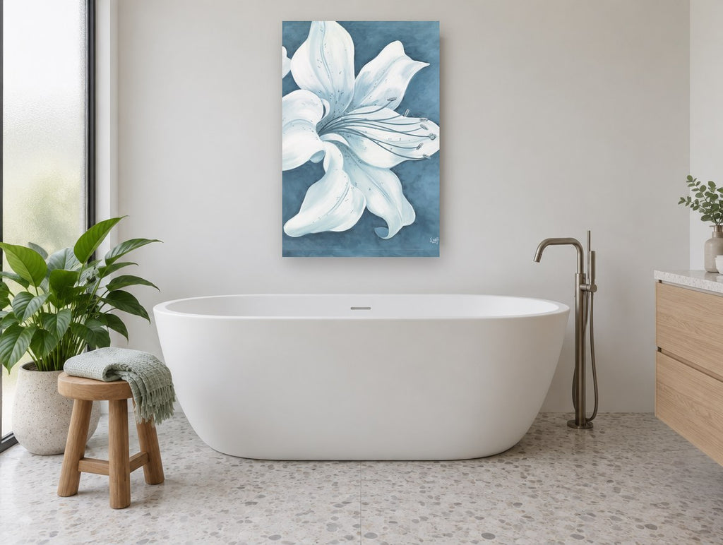 Pale Lily on Slate floral canvas print on the wall of a bathroom