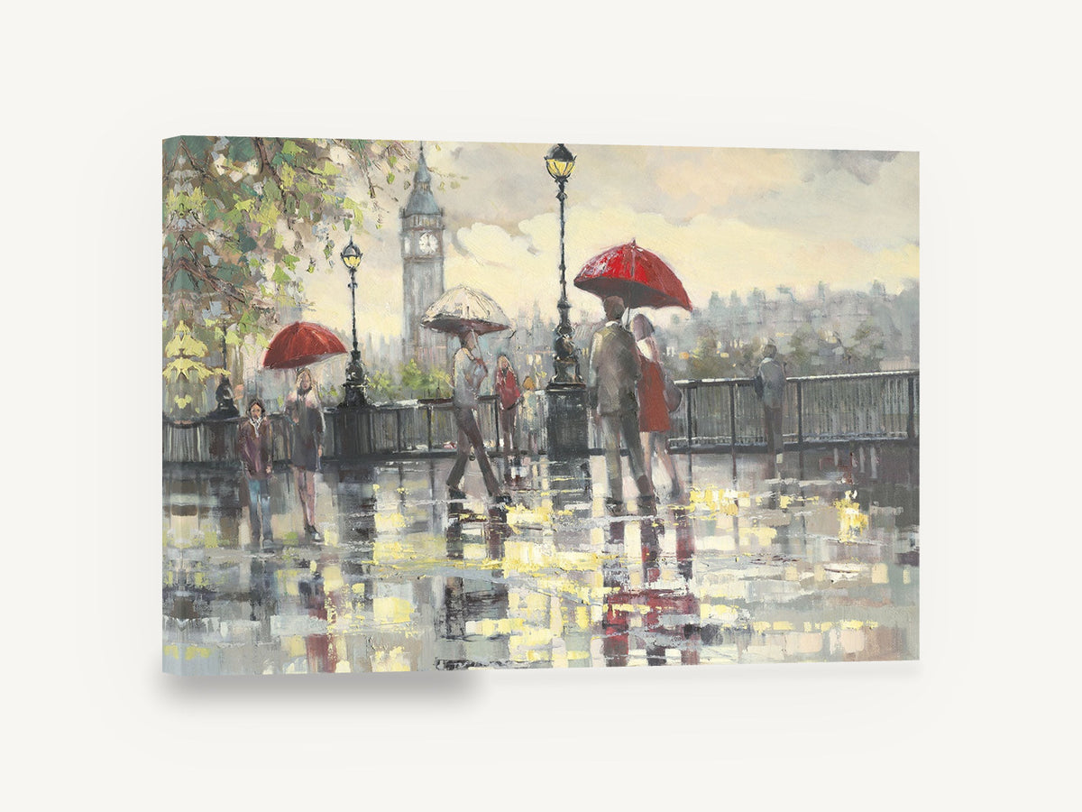 Rainy Day by Big Ben, london rainy day umbrellas big ben painting, city canvas wall art print ready to hang