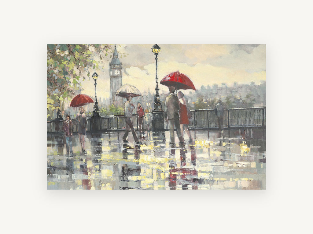 Rainy Day by Big Ben, london rainy day umbrellas big ben painting, city canvas wall art print, front view