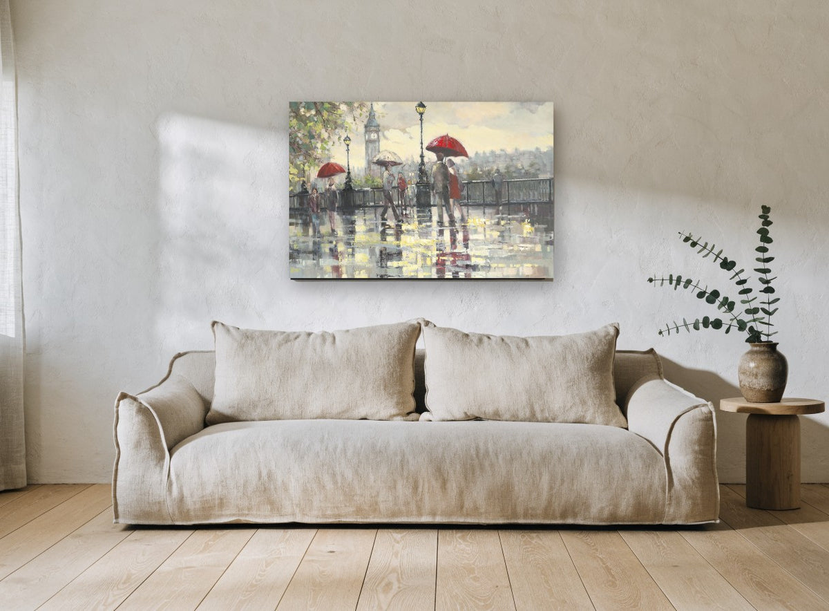 Rainy Day by Big Ben city canvas print on the wall of a living room