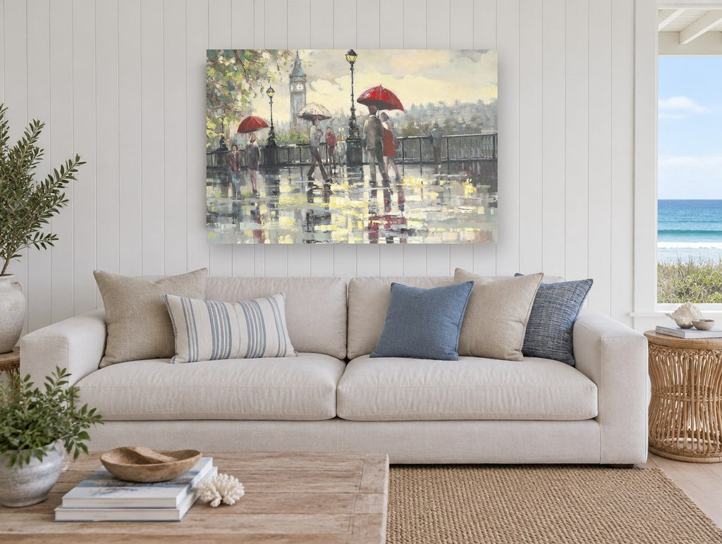 Rainy Day by Big Ben city canvas print on the wall of a beach house living room
