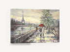 Red Umbrella Along the Seine, paris rainy day eiffel tower painting, city canvas wall art print ready to hang