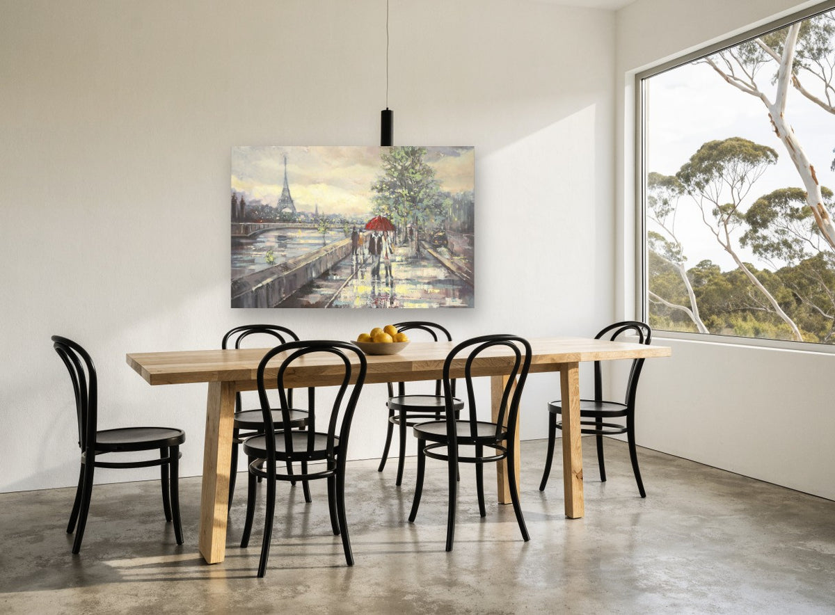 Red Umbrella Along the Seine city canvas print on the wall of a dining room