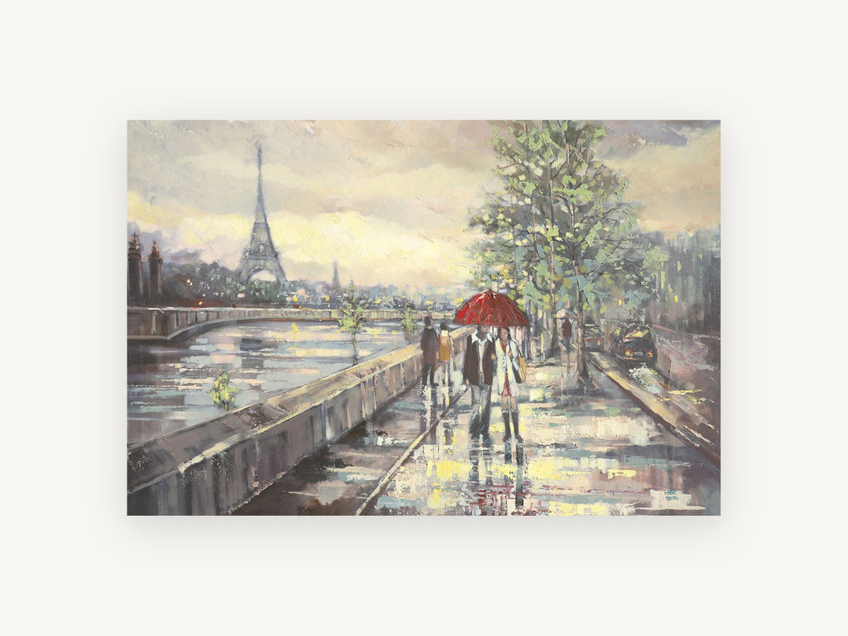 Red Umbrella Along the Seine, paris rainy day eiffel tower painting, city canvas wall art print, front view