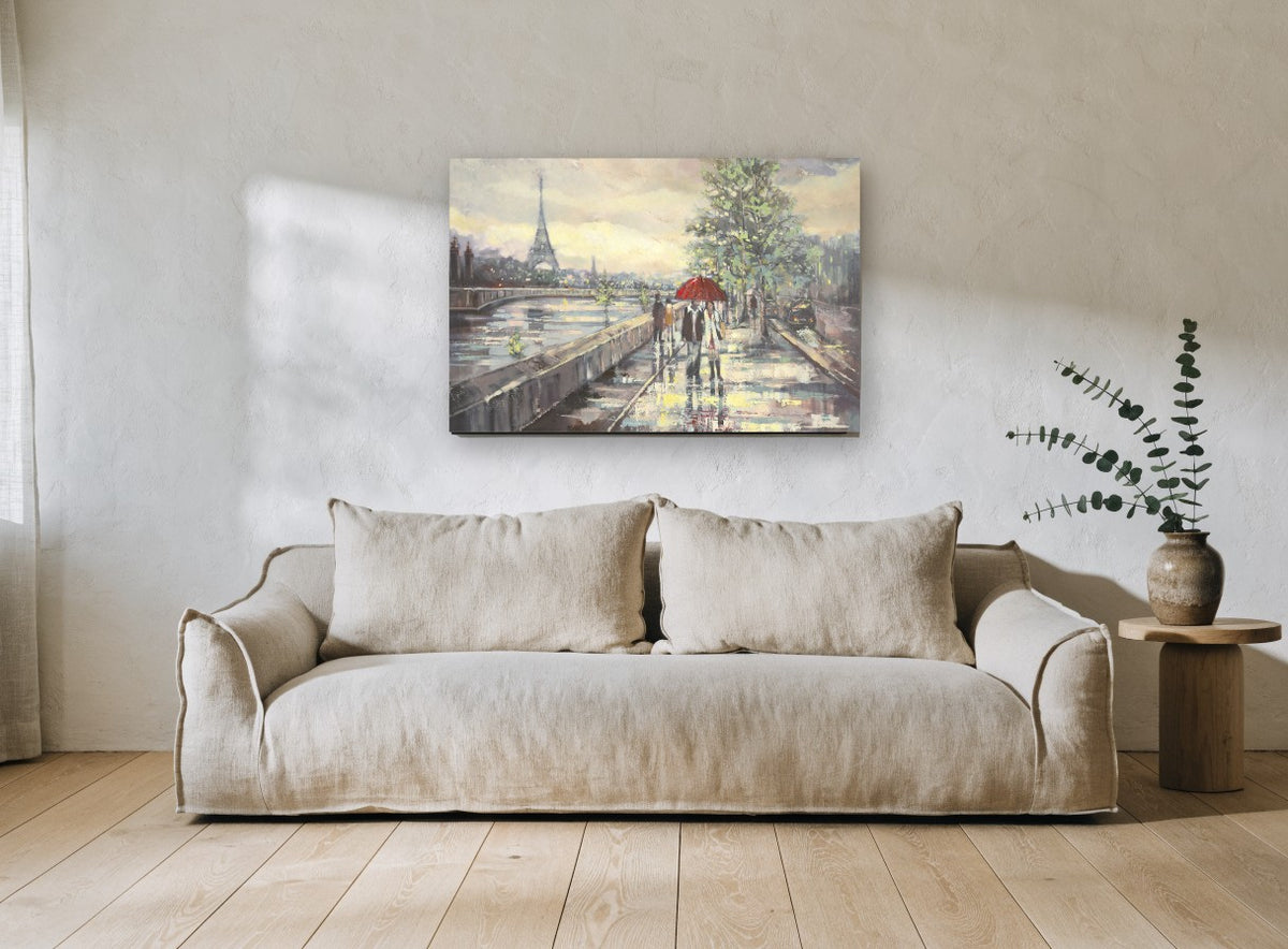 Red Umbrella Along the Seine city canvas print on the wall of a living room