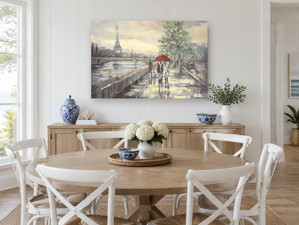 Red Umbrella Along the Seine city canvas print on the wall of a Hamptons dining room