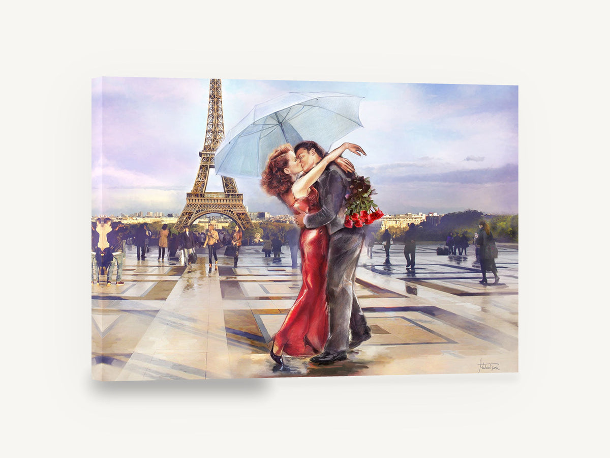 Kiss Beneath the Umbrella, paris couple kissing eiffel tower, city canvas wall art print ready to hang