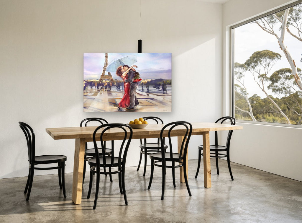 Kiss Beneath the Umbrella city canvas print on the wall of a dining room