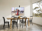Kiss Beneath the Umbrella city canvas print on the wall of a dining room