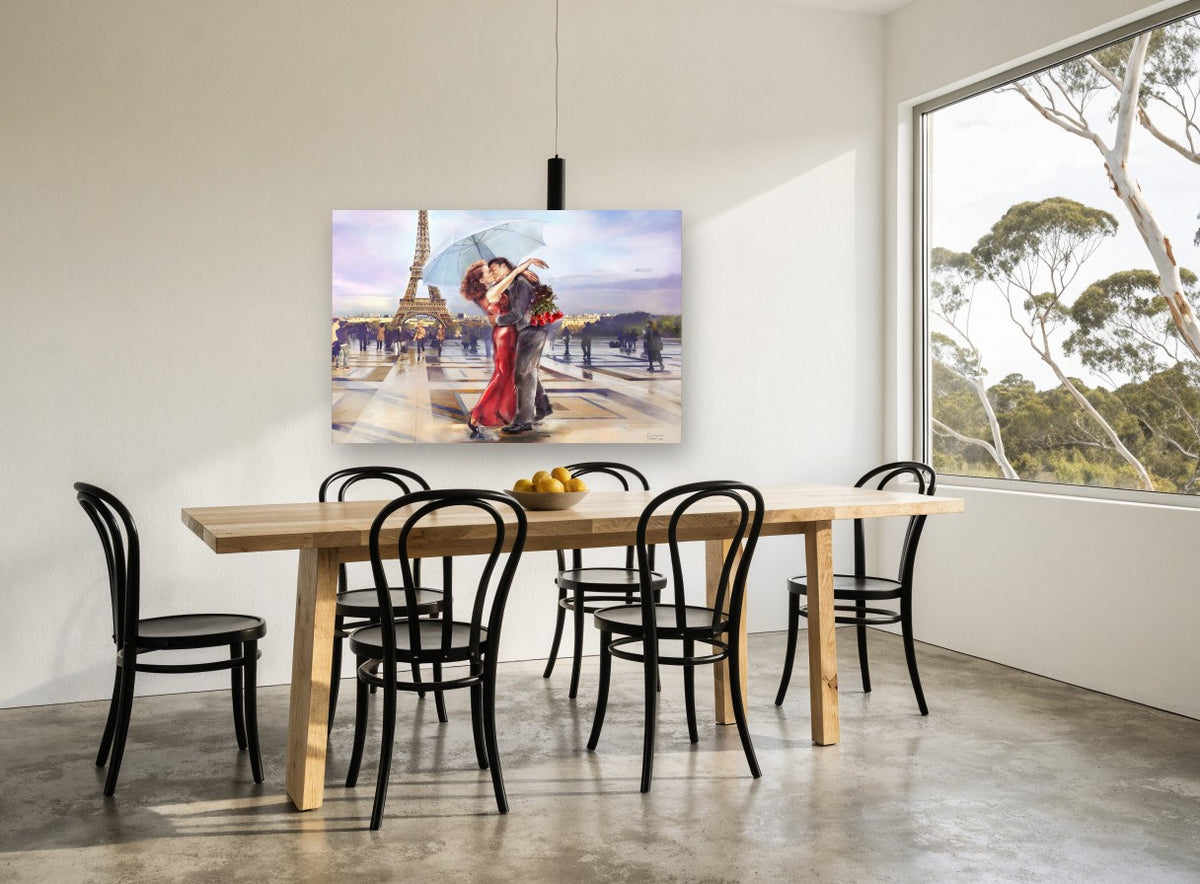 Kiss Beneath the Umbrella city canvas print on the wall of a dining room