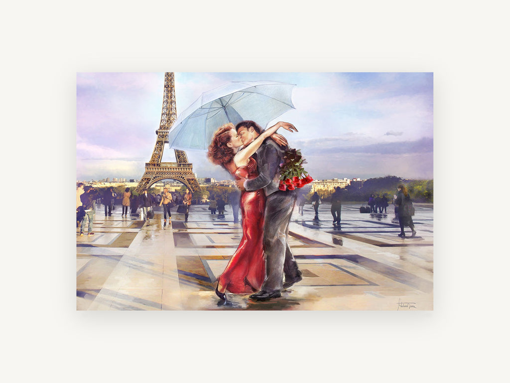 Kiss Beneath the Umbrella, paris couple kissing eiffel tower, city canvas wall art print, front view
