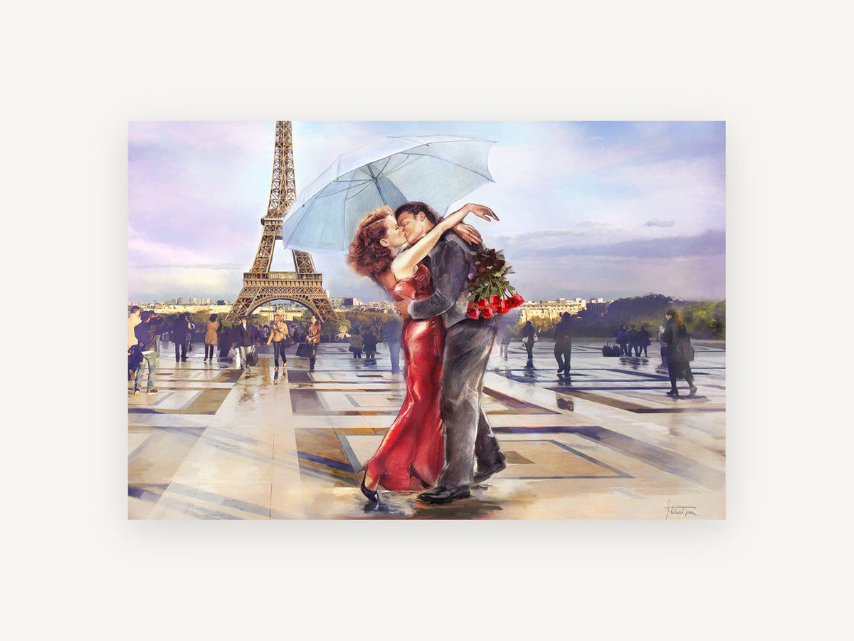 Kiss Beneath the Umbrella, paris couple kissing eiffel tower, city canvas wall art print, front view