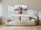 Kiss Beneath the Umbrella city canvas print on the wall of a living room