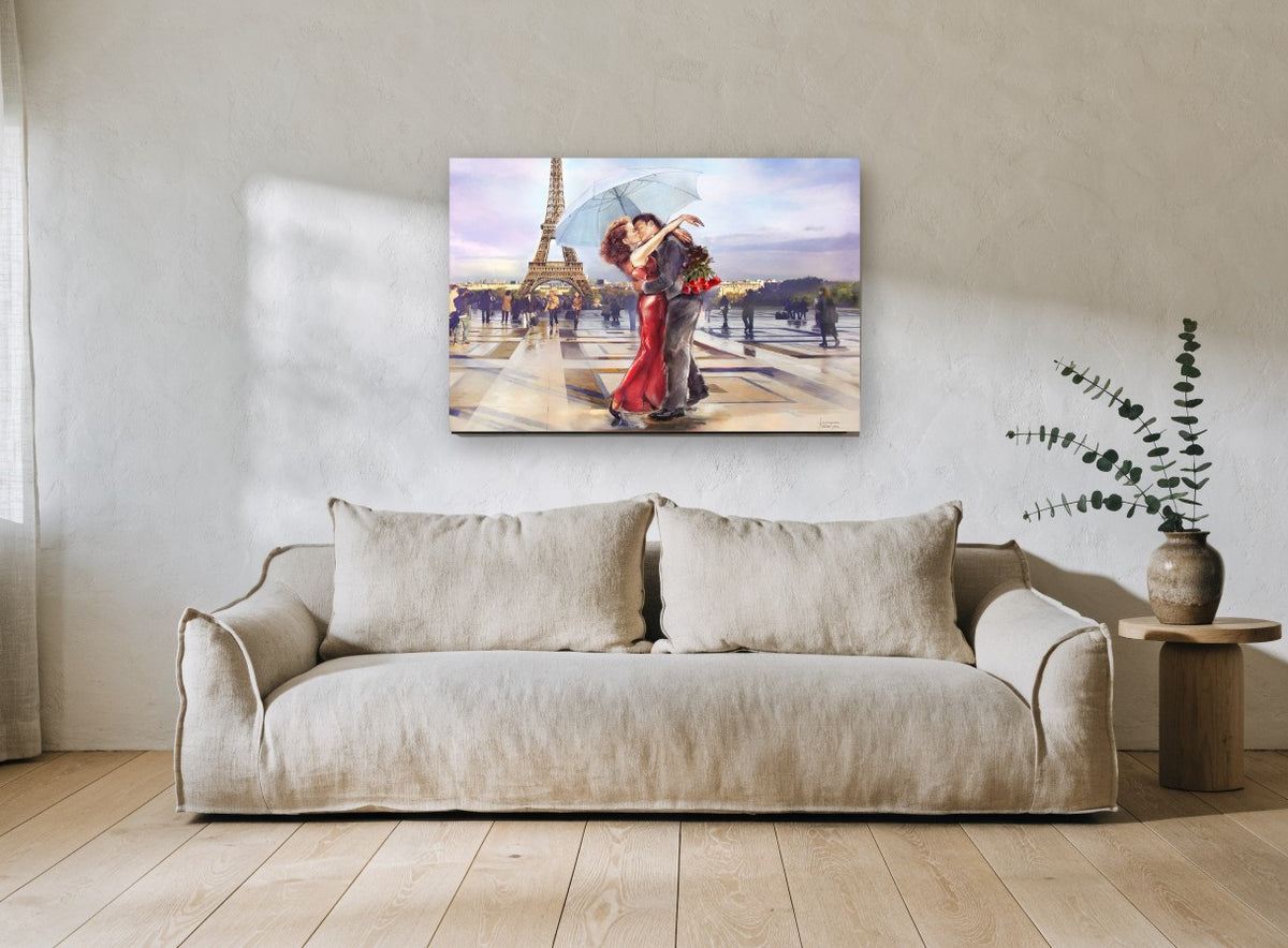 Kiss Beneath the Umbrella city canvas print on the wall of a living room