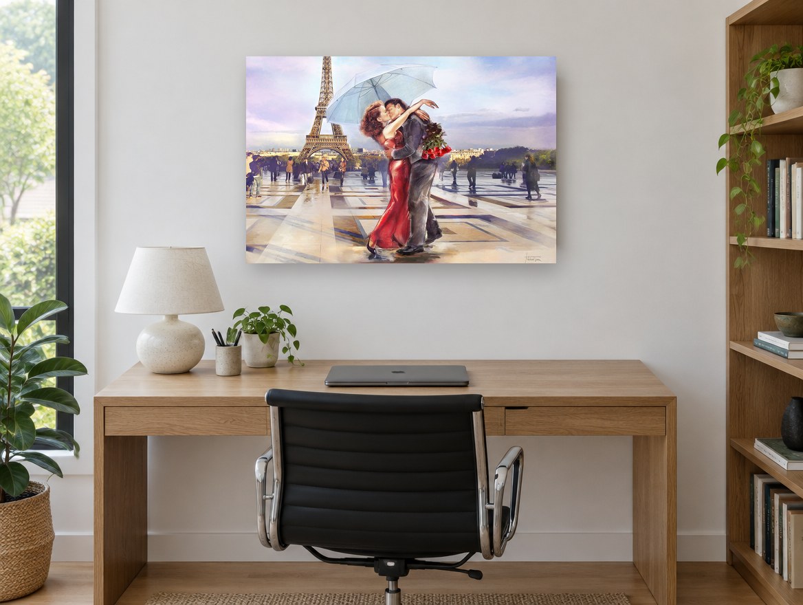 Kiss Beneath the Umbrella city canvas print on the wall of a study