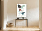 Three Butterflies Plate vintage canvas print on the wall of a hallway