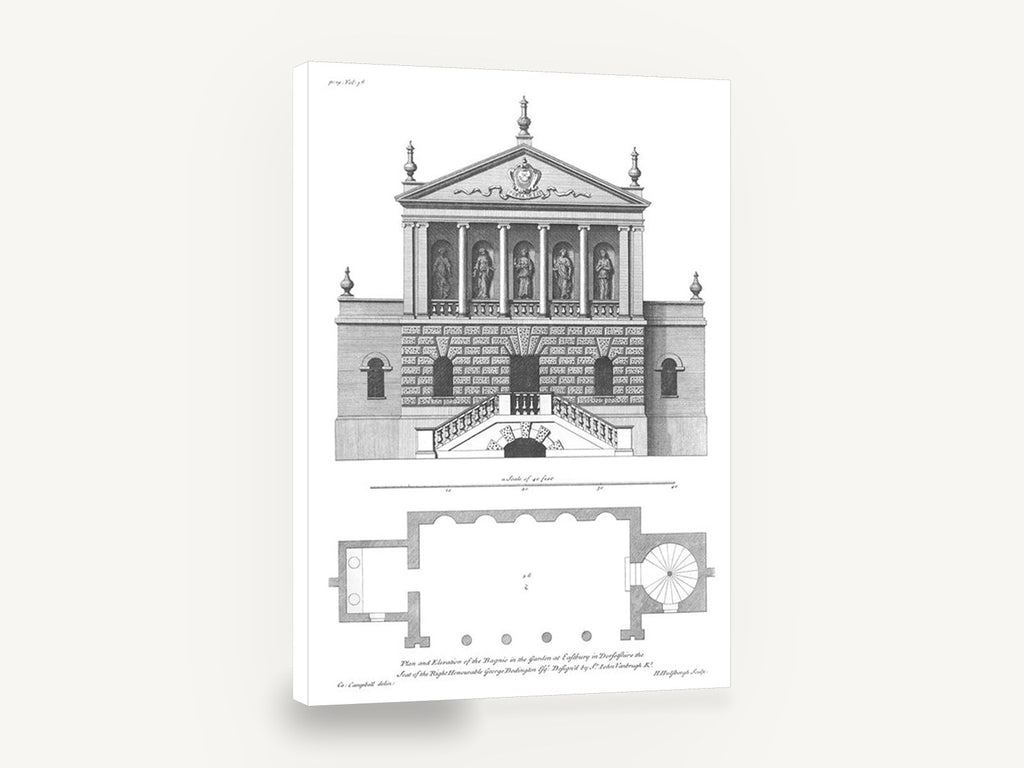 Eastbury Garden Bagnio, antique architectural plan and elevation, stretched canvas wall art print ready to hang