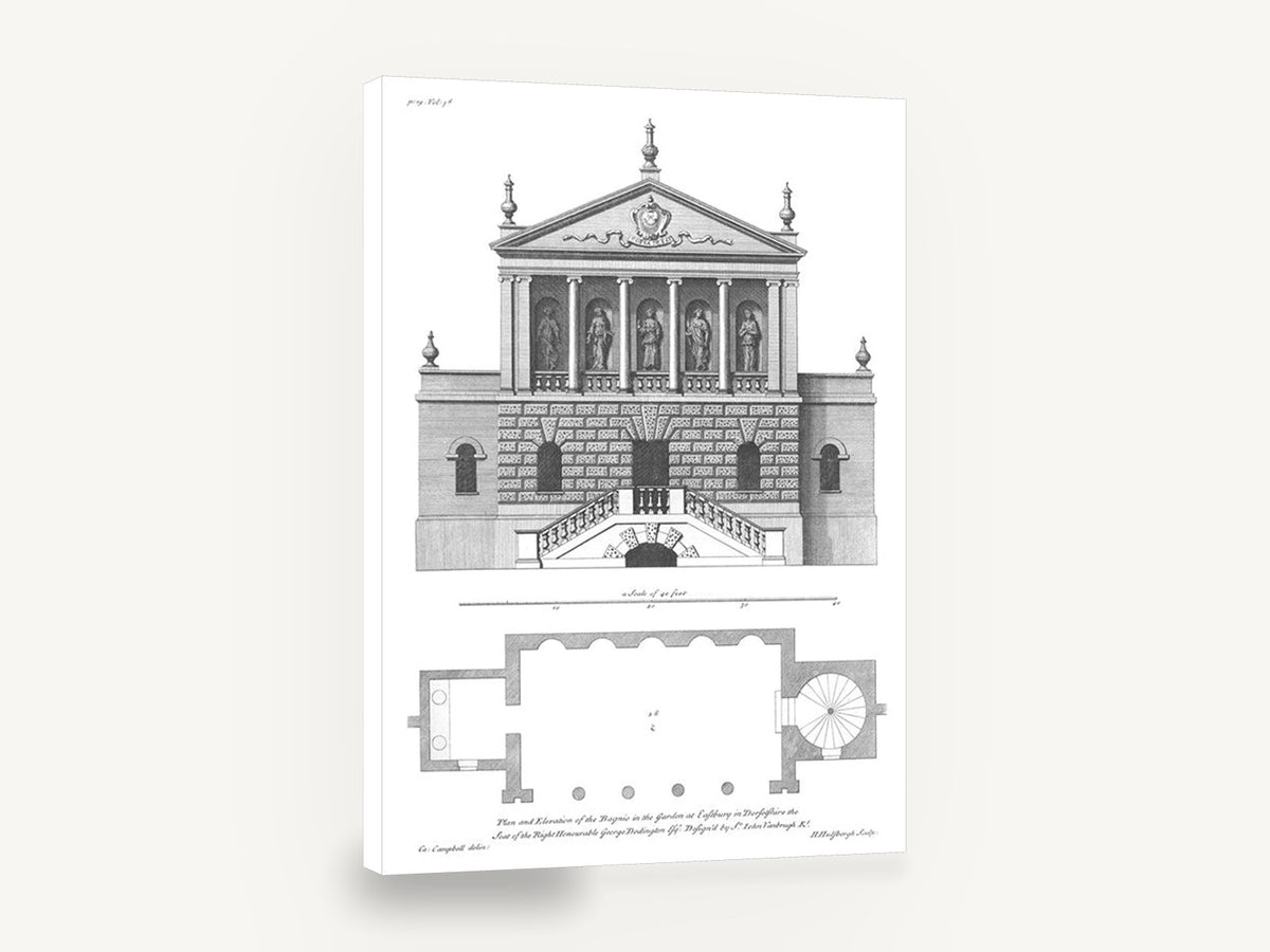 Eastbury Garden Bagnio, antique architectural plan and elevation, stretched canvas wall art print ready to hang