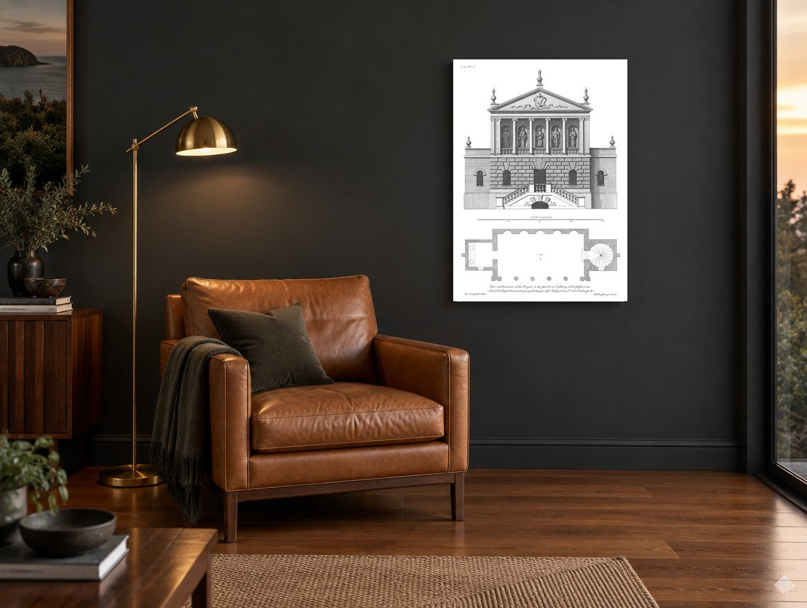 Eastbury Garden Bagnio vintage canvas print on the wall of a charcoal living room