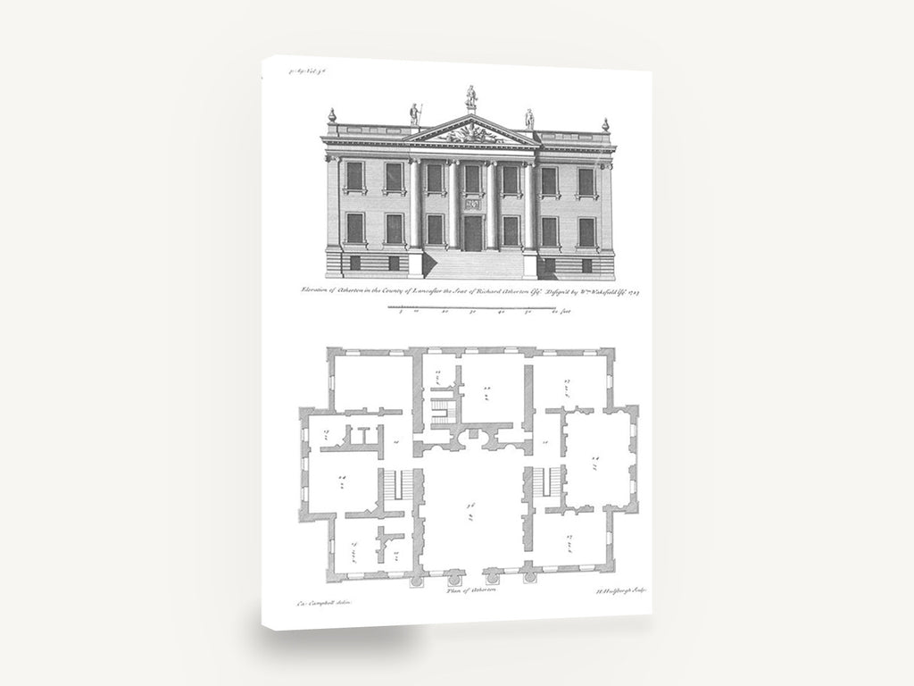 Atherton Hall Elevation, antique georgian house architectural plan, stretched canvas wall art print ready to hang
