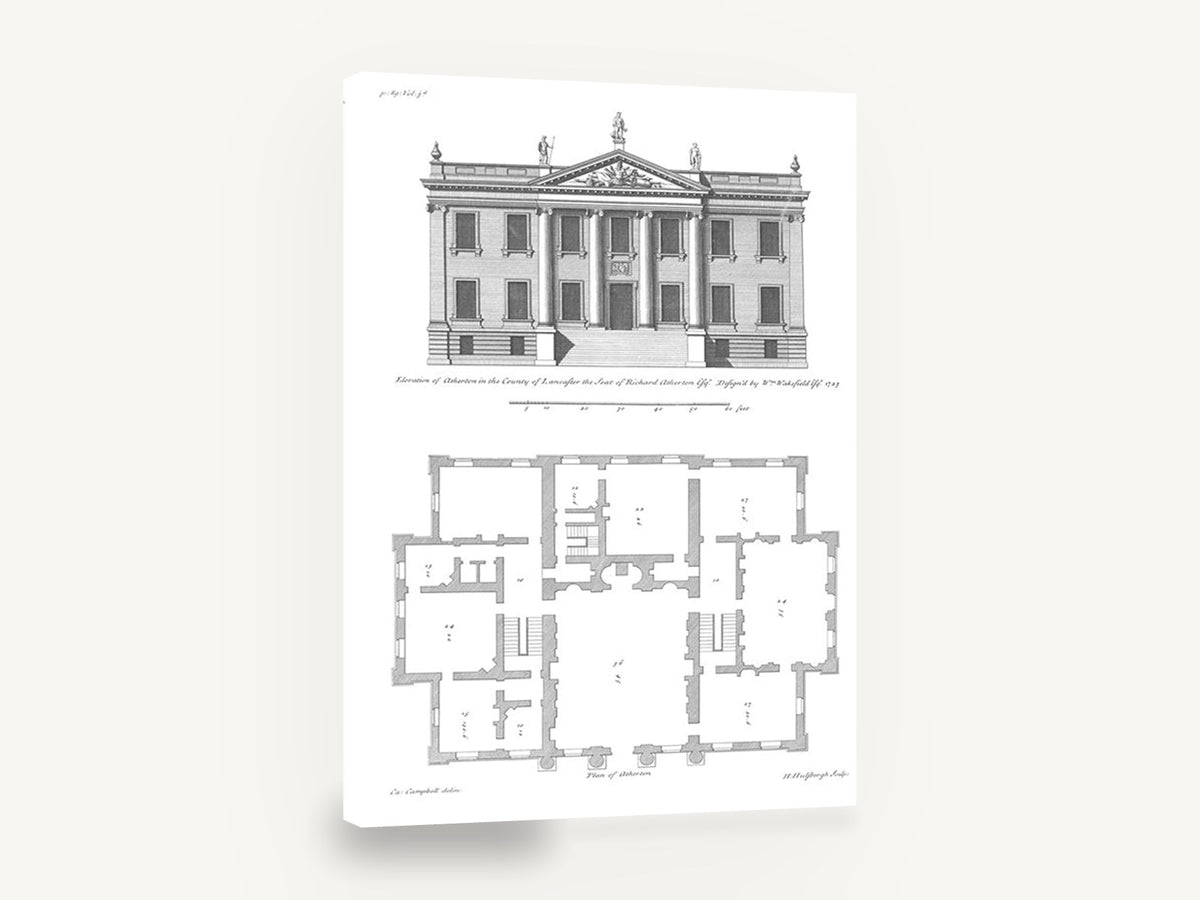 Atherton Hall Elevation, antique georgian house architectural plan, stretched canvas wall art print ready to hang