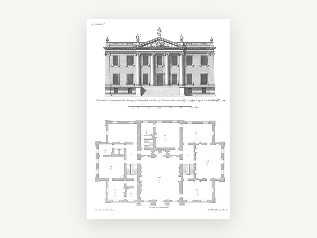 Atherton Hall Elevation, vintage canvas wall art print, front view