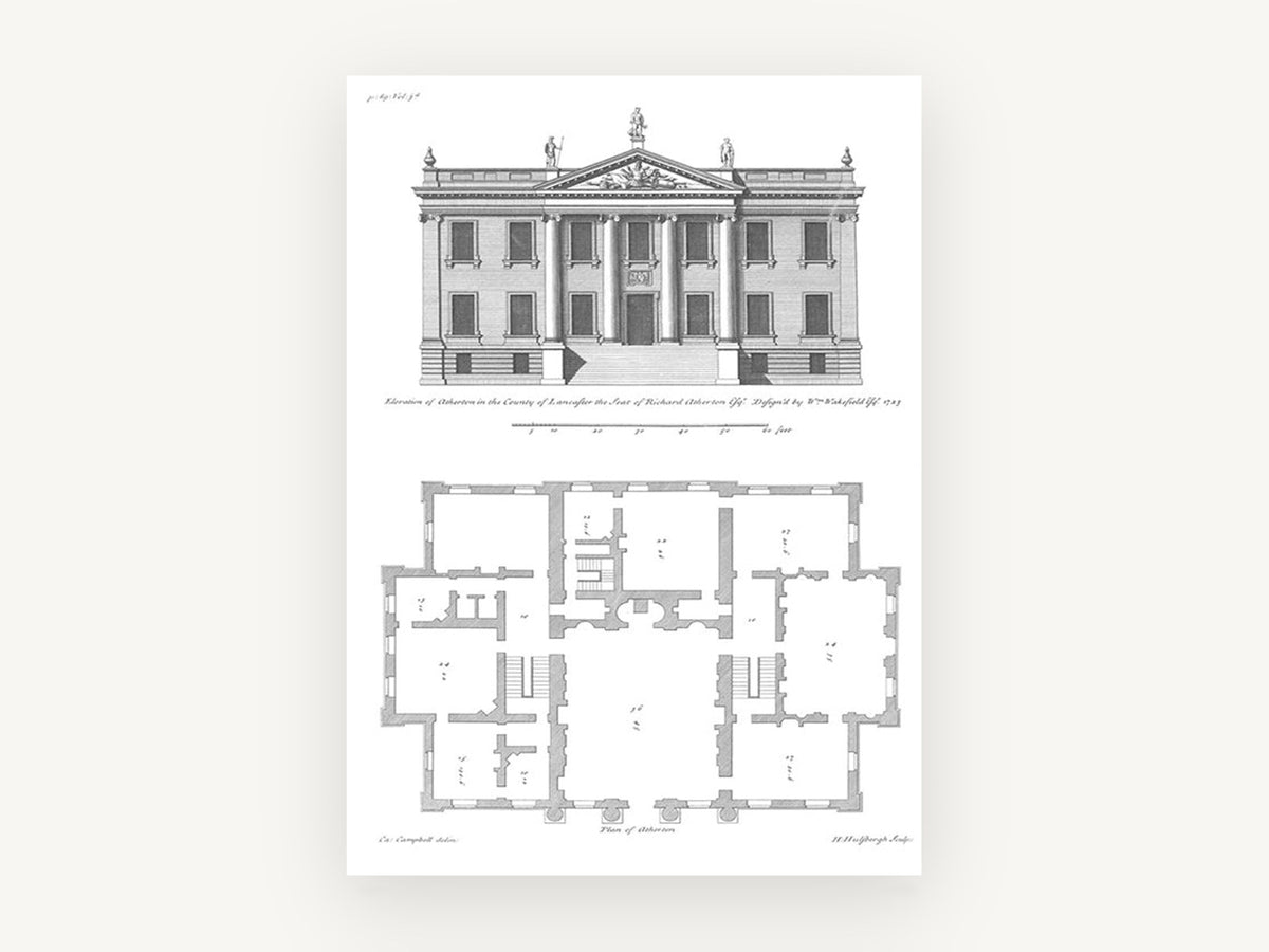 Atherton Hall Elevation, vintage canvas wall art print, front view