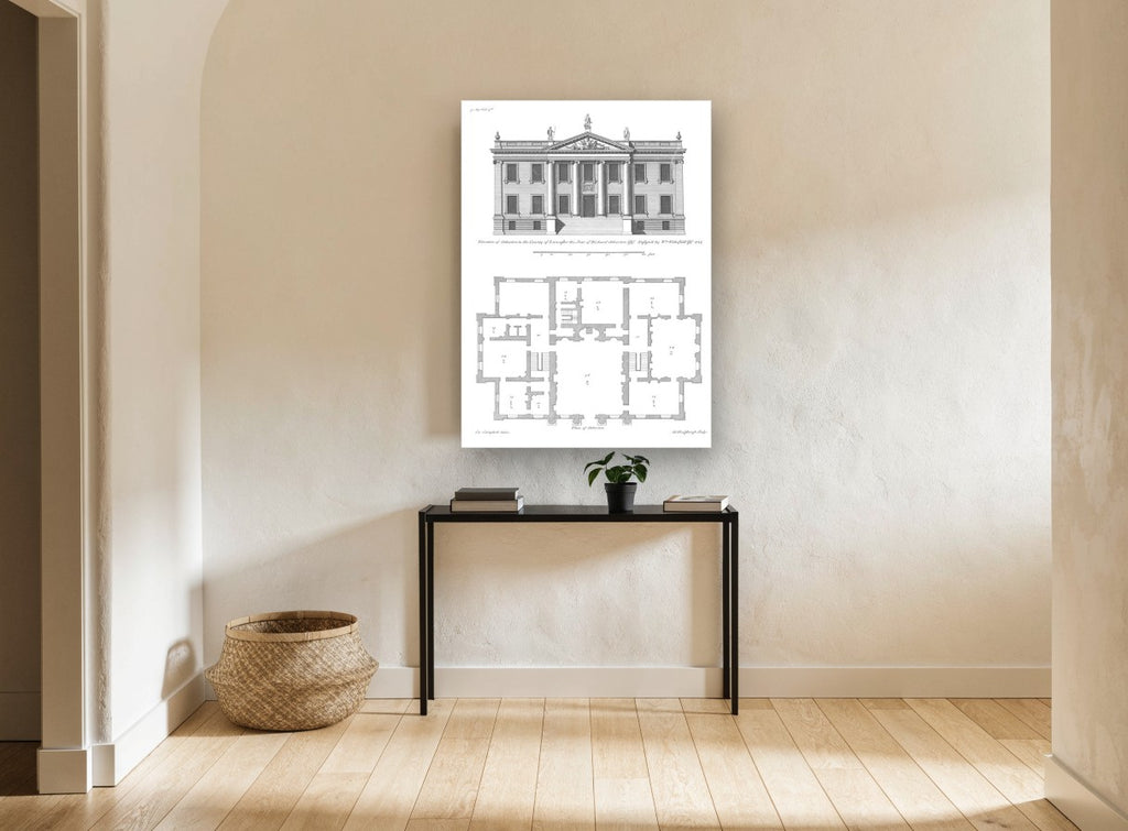 Atherton Hall Elevation vintage canvas print on the wall of a hallway
