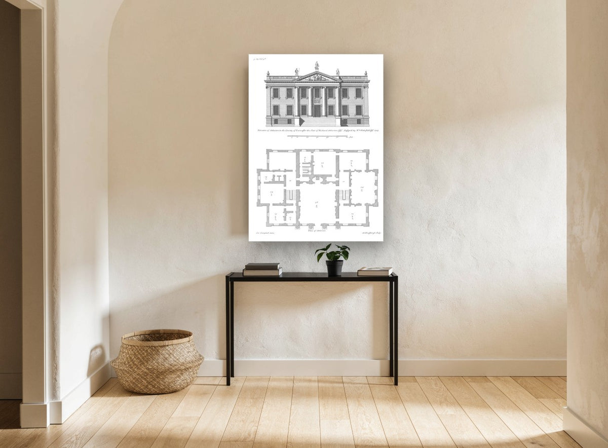 Atherton Hall Elevation vintage canvas print on the wall of a hallway