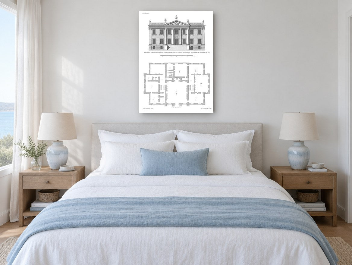 Atherton Hall Elevation vintage canvas print on the wall of a coastal bedroom