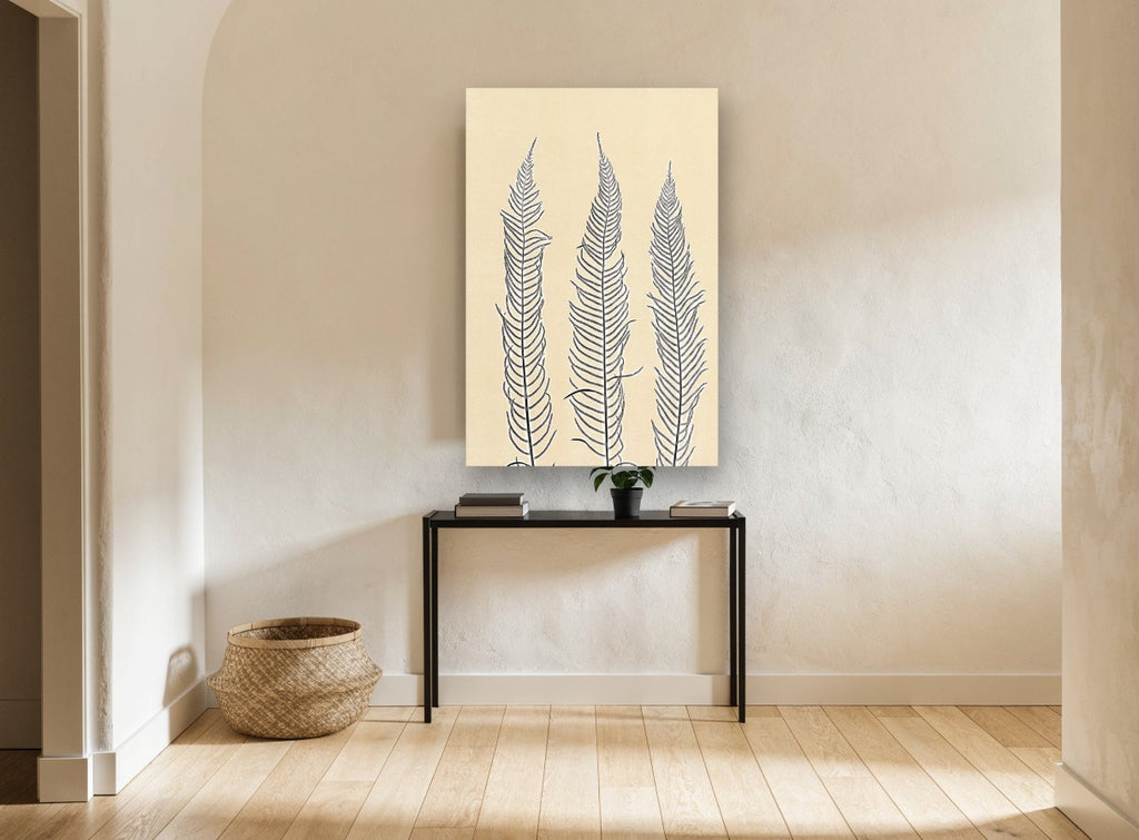 Three Fern Fronds floral canvas print on the wall of a hallway