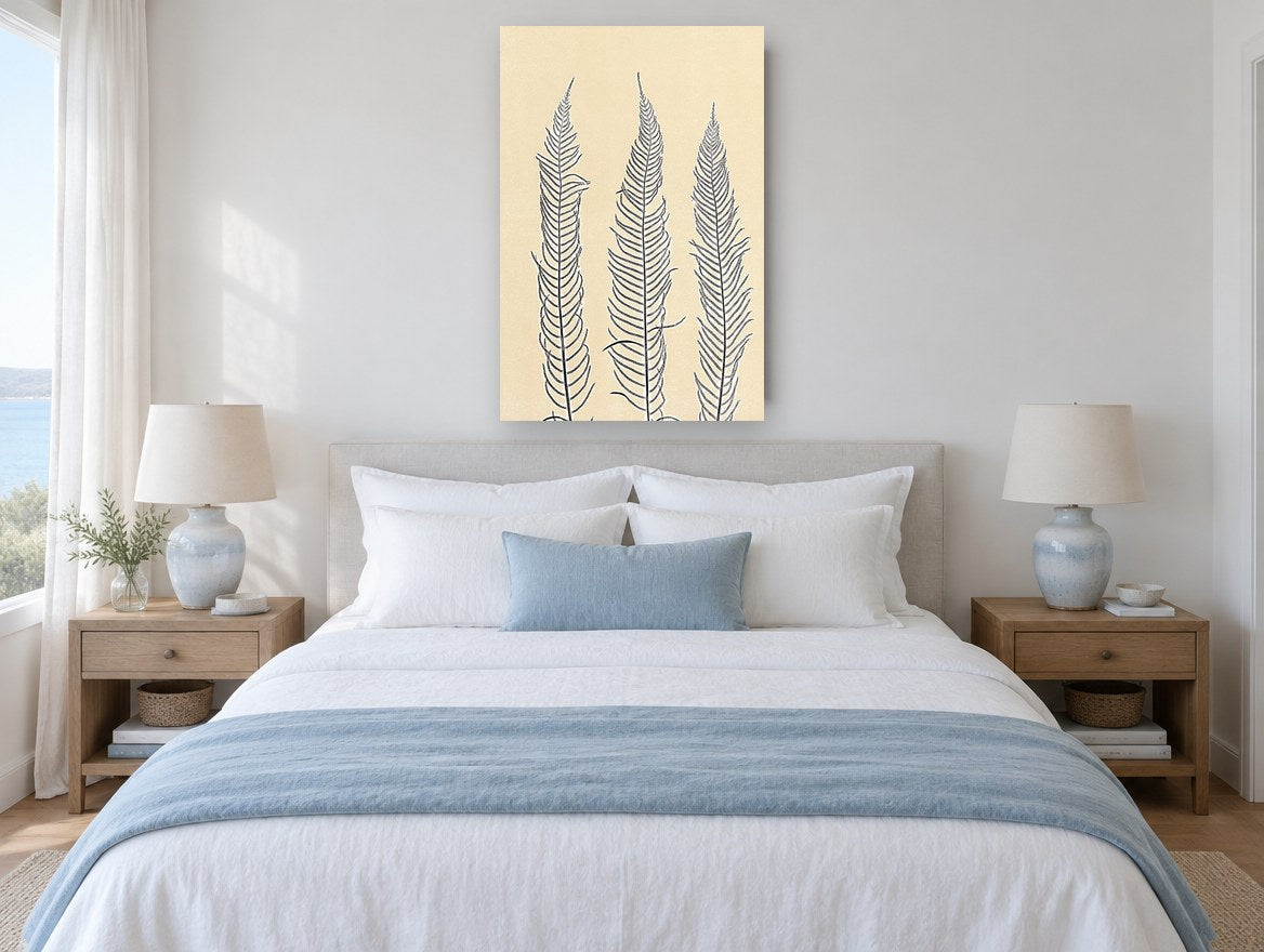 Three Fern Fronds floral canvas print on the wall of a coastal bedroom