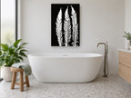 Three White Fern Fronds floral canvas print on the wall of a bathroom