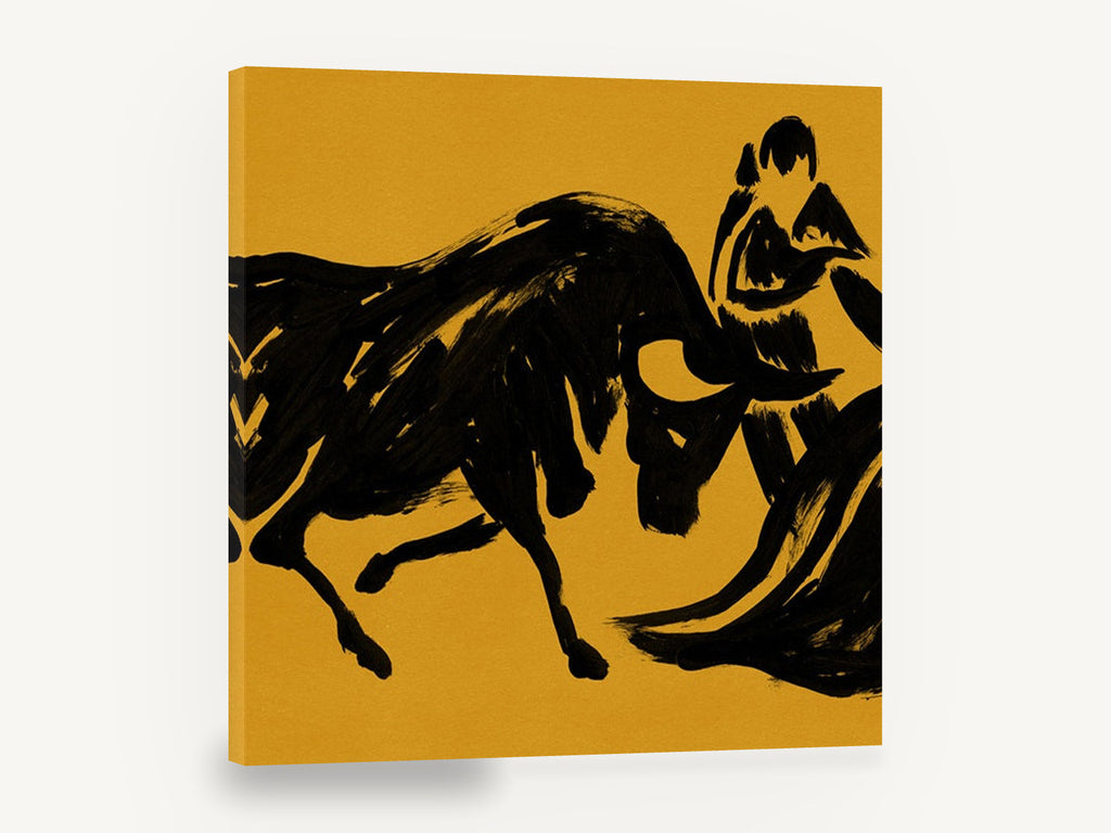 Ochre Bull and Matador, black ink bull and matador illustration, animal canvas wall art print ready to hang