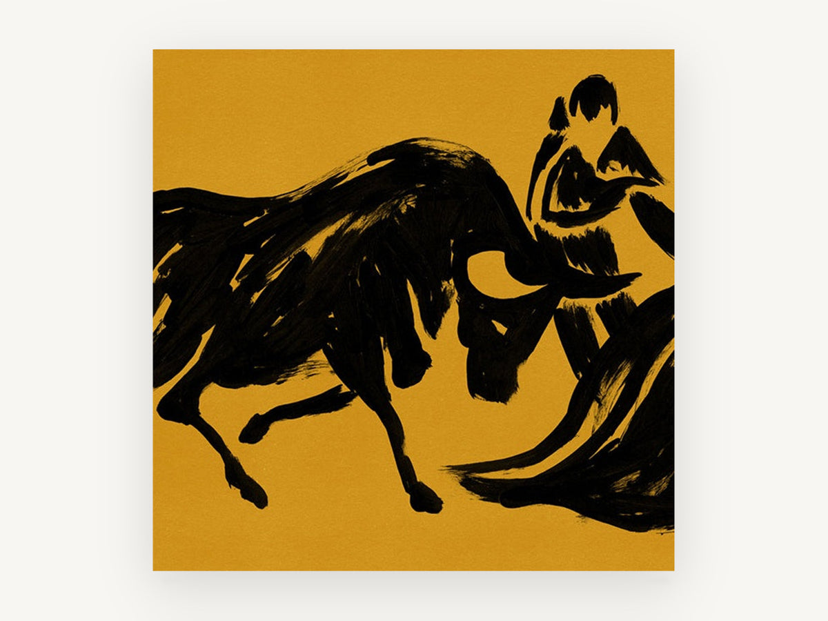 Ochre Bull and Matador, black ink bull and matador illustration, animal canvas wall art print, front view