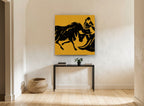Ochre Bull and Matador animal canvas print on the wall of a hallway