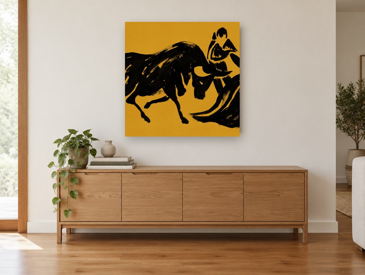 Ochre Bull and Matador animal canvas print on the wall of a living room above a sideboard