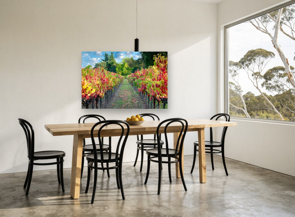 Autumn Vineyard Path landscape canvas print on the wall of a dining room