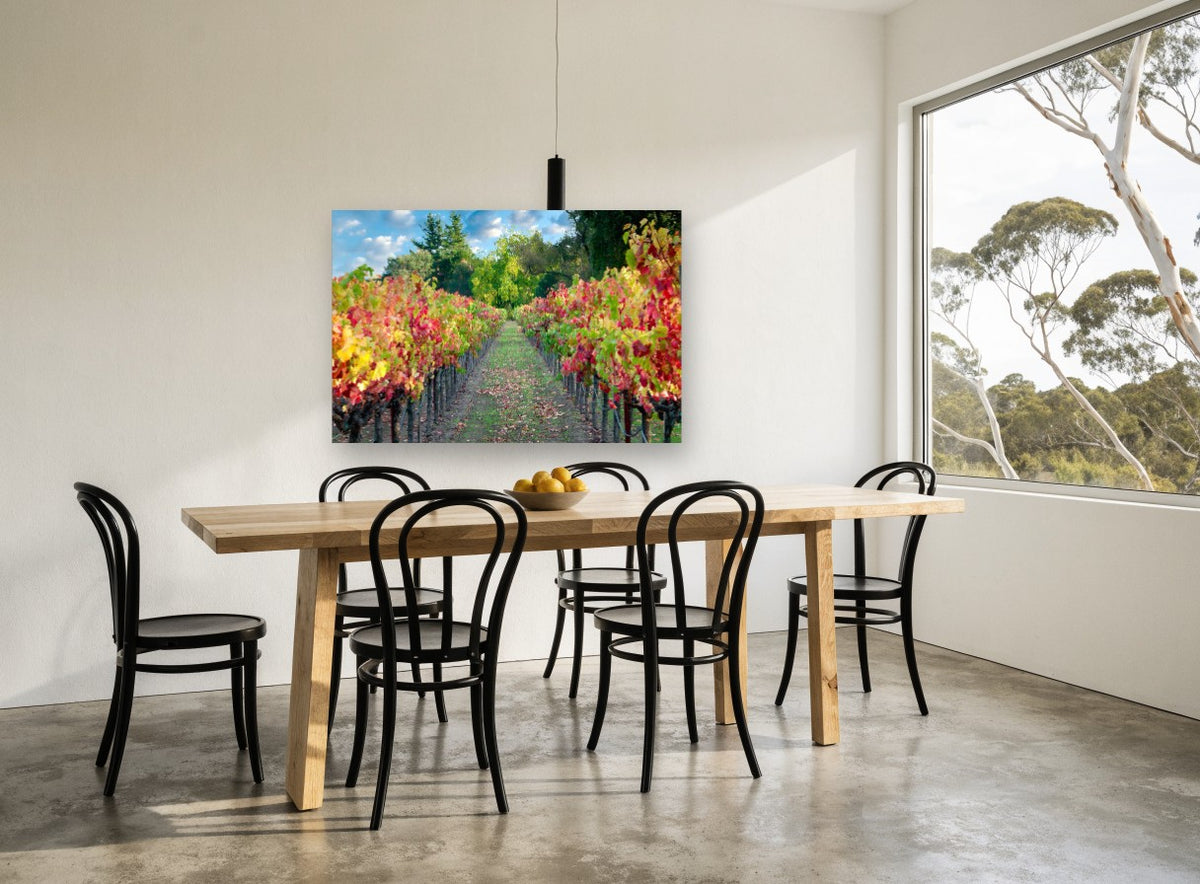 Autumn Vineyard Path landscape canvas print on the wall of a dining room
